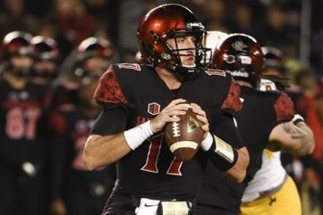 San Diego State quarterback Maxwell Smith (17) throws during the first half of an NCAA college football game against  Wyoming Saturday, Nov. 14, 2015, in San Diego.  (AP Photo/Denis Poroy)