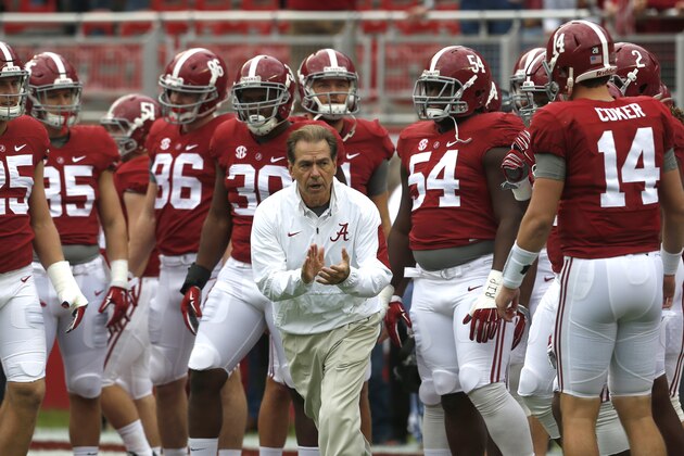 Alabama head coach Nick Saban leads the team onto the field for warmups in an NCAA football game, Saturday, Nov. 21, 2015, in Tuscaloosa, Ala. (AP Photo/Butch Dill) Alabama head coach Nick Saban leads the team onto the field for warmups in an NCAA football game, Saturday, Nov. 21, 2015, in Tuscaloosa, Ala. (AP Photo/Butch Dill)