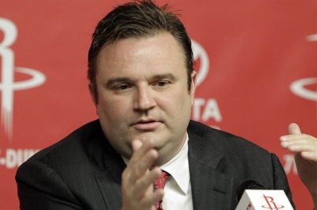 FILE- In this April 19, 2011, file photo, Houston Rockets general manager Daryl Morey discusses the direction of the team with the media during a basketball news conference in Houston, after the decision to part ways with head coach Rick Adelman. (AP Photo/Pat Sullivan, File)