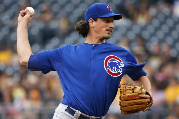 Chicago Cubs starting pitcher Jeff Samardzija delivers during the first inning of a baseball game against the Pittsburgh Pirates in Pittsburgh Thursday, June 12, 2014. (AP Photo/Gene J. Puskar)