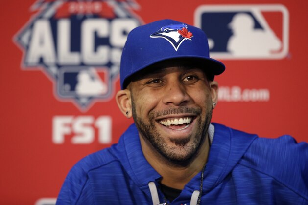 Toronto Blue Jays starting pitcher David Price smiles during a news conference at Kauffman Stadium in Kansas City, Mo., Thursday, Oct. 22, 2015. The Blue Jays face the Kansas City Royals in game six of the ALCS on Friday. (AP Photo/Orlin Wagner)