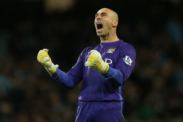MANCHESTER, ENGLAND - DECEMBER 01: Willy Caballero of Manchester City celebrates his side's fourth goal during the Capital One Cup Quarter Final match between Manchester City and Hull City at Etihad Stadium on December 1, 2015 in Manchester, England. (Photo by Chris Brunskill/Getty Images)