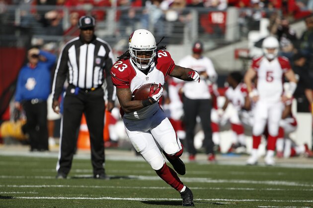 Arizona Cardinals running back Chris Johnson (23) against the San Francisco 49ers during the first half of an NFL football game in Santa Clara, Calif., Sunday, Nov. 29, 2015. (AP Photo/Tony Avelar)