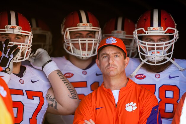 Nov 28, 2015; Columbia, SC, USA; Clemson Tigers head coach Dabo Swinney prepares to enter the field against the South Carolina Gamecocks game at Williams-Brice Stadium. Mandatory Credit: Jeff Blake-USA TODAY Sports