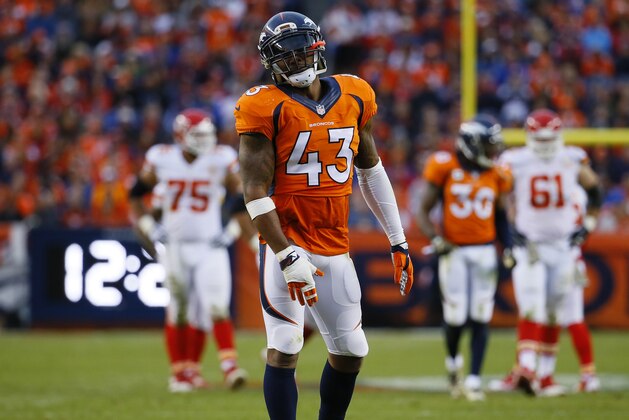 Denver Broncos strong safety T.J. Ward (43) reacts to a penalty call during an NFL football game between the Denver Broncos and the Kansas City Chiefs, Sunday, Nov. 15, 2015, in Denver. (AP Photo/Jack Dempsey)