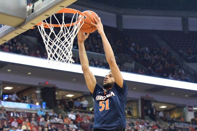 COLUMBUS, OH - DECEMBER 1:  Darius Thompson #51 of the Virginia Cavaliers finishes off a steal and fast break with a dunk in the first half against the the Ohio State Buckeyes on December 1, 2015 at Value City Arena in Columbus, Ohio.  (Photo by Jamie Sabau/Getty Images)