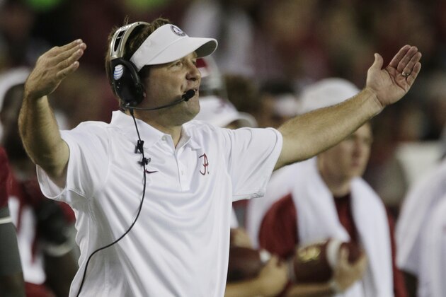 Alabama defensive coordinator Kirby Smart gives direction during the first half of an NCAA college football game in Tuscaloosa, Ala., Saturday, Sept. 21, 2013. (AP Photo/Dave Martin)