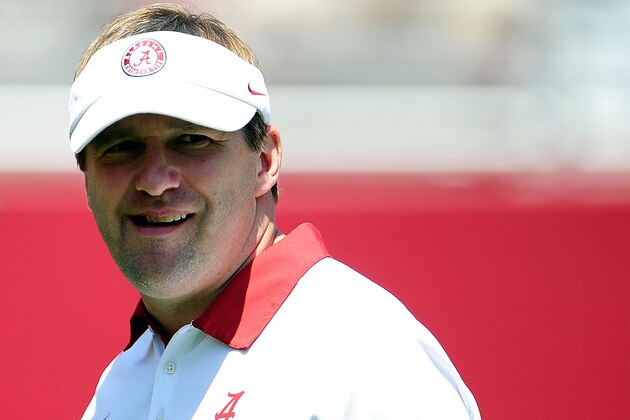 TUSCALOOSA, AL - APRIL 20:  Defensive coordinator Kirby Smart for the Alabama Crimson Tide waits for game action prior to the A-Day spring game at Bryant-Denny Stadium on April 20, 2013 in Tuscaloosa, Alabama.  (Photo by Stacy Revere/Getty Images)