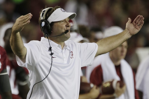 Alabama defensive coordinator Kirby Smart gives direction during the first half of an NCAA college football game in Tuscaloosa, Ala., Saturday, Sept. 21, 2013. (AP Photo/Dave Martin)