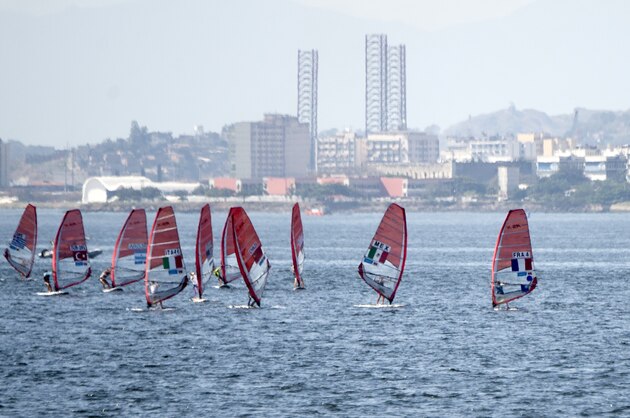 Women RSX (windsurf) world champion French Harline Picon (2nd-R) competes in the International Sailing Regatta held in the Guanabara Bay in Rio de Janeiro, Brazil on 19 August 2015, an event that serves as a test for the Rio 2016 Olympic Games                             AFP PHOTO/VANDERLEI ALMEIDA        (Photo credit should read VANDERLEI ALMEIDA/AFP/Getty Images)