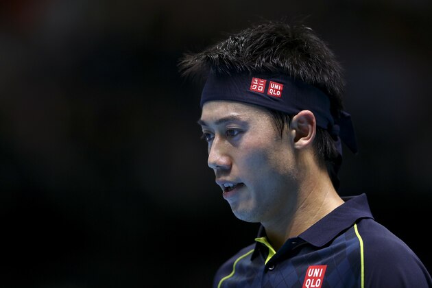 LONDON, ENGLAND - NOVEMBER 19:  Kei Nishikori of Japan looks on during his men's singles match against Roger Federer of Switzerland during day five of the Barclays ATP World Tour Finals at the O2 Arena on November 19, 2015 in London, England.  (Photo by Clive Brunskill/Getty Images)