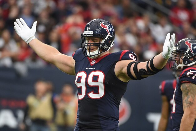 Houston Texans defensive end J.J. Watt (99) ties up the crowd during the second quarter of an NFL football game, Sunday, Nov. 29, 2015, in Houston. (AP Photo/Eric Christian Smith) Houston Texans defensive end J.J. Watt (99) ties up the crowd during the second quarter of an NFL football game, Sunday, Nov. 29, 2015, in Houston. (AP Photo/Eric Christian Smith)
