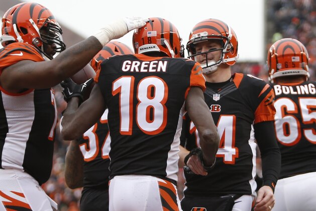 Cincinnati Bengals wide receiver A.J. Green (18) celebrates scoring a touchdown with quarterback Andy Dalton (14) in the second half of an NFL football game against the St. Louis Rams, Sunday, Nov. 29, 2015, in Cincinnati. The Bengals won 31-7. (AP Photo/Frank Victores)