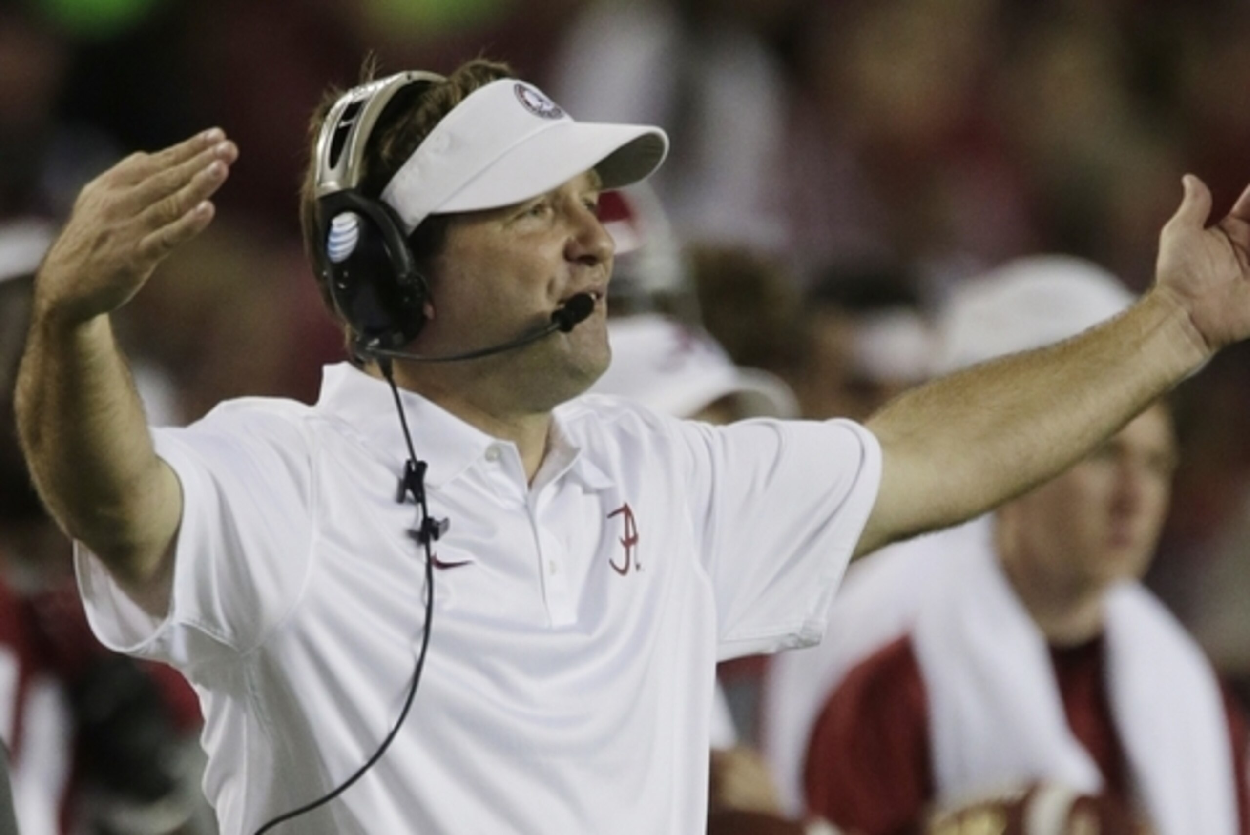 Alabama defensive coordinator Kirby Smart gives direction during the first half of an NCAA college football game in Tuscaloosa, Ala., Saturday, Sept. 21, 2013. (AP Photo/Dave Martin)