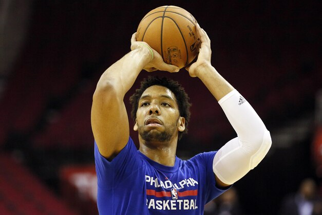 Nov 27, 2015; Houston, TX, USA; Philadelphia 76ers center Jahlil Okafor (8) warms up before the game against the Houston Rockets at Toyota Center. Mandatory Credit: Soobum Im-USA TODAY Sports