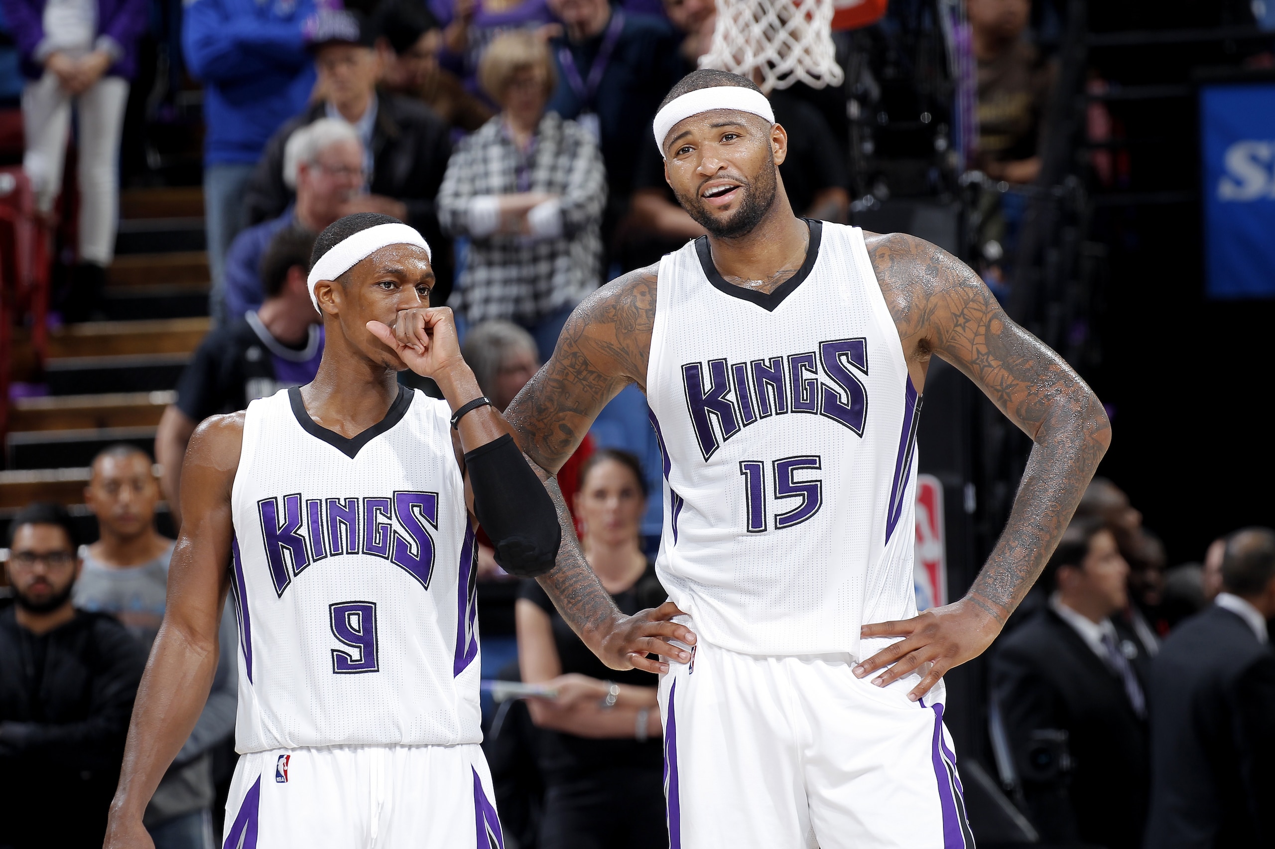 SACRAMENTO, CA - NOVEMBER 15: DeMarcus Cousins #15 and Rajon Rondo #9 of the Sacramento Kings look on during the game against the Toronto Raptors on November 15, 2015 at Sleep Train Arena in Sacramento, California. NOTE TO USER: User expressly acknowledges and agrees that, by downloading and or using this photograph, User is consenting to the terms and conditions of the Getty Images Agreement. Mandatory Copyright Notice: Copyright 2015 NBAE (Photo by Rocky Widner/NBAE via Getty Images) SACRAMENTO, CA - NOVEMBER 15: DeMarcus Cousins #15 and Rajon Rondo #9 of the Sacramento Kings look on during the game against the Toronto Raptors on November 15, 2015 at Sleep Train Arena in Sacramento, California. NOTE TO USER: User expressly acknowledges and agrees that, by downloading and or using this photograph, User is consenting to the terms and conditions of the Getty Images Agreement. Mandatory Copyright Notice: Copyright 2015 NBAE (Photo by Rocky Widner/NBAE via Getty Images)