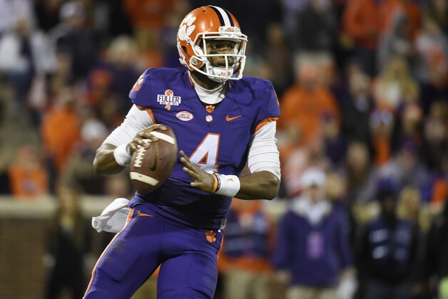 Clemson quarterback Deshaun Watson (4) looks to pass during the second half of an NCAA college football game against Wake Forest on Saturday, Nov. 21, 2015, in Clemson, S.C. (AP Photo/Rainier Ehrhardt)