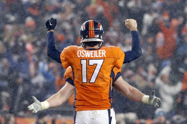 Denver Broncos quarterback Brock Osweiler (17) celebrates the game winning touchdown during overtime of an NFL football game against the New England Patriots, Sunday, Nov. 29, 2015, in Denver. The Broncos defeated the Patriots 30-24. (AP Photo/Joe Mahoney)