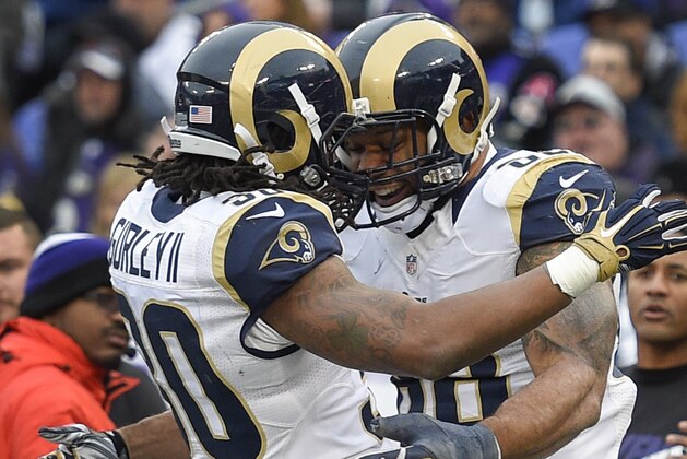 St. Louis Rams tight end Lance Kendricks (88) celebrates his touchdown with teammate running back Todd Gurley (30) during the second half of an NFL football game against the Baltimore Ravens in Baltimore, Sunday, Nov. 22, 2015. (AP Photo/Nick Wass) St. Louis Rams tight end Lance Kendricks (88) celebrates his touchdown with teammate running back Todd Gurley (30) during the second half of an NFL football game against the Baltimore Ravens in Baltimore, Sunday, Nov. 22, 2015. (AP Photo/Nick Wass)