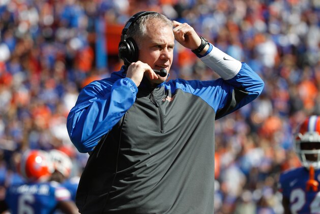 Nov 15, 2014; Gainesville, FL, USA; Florida Gators defensive coordinator D.J. Durkin during the second quarter against the South Carolina Gamecocks at Ben Hill Griffin Stadium. Mandatory Credit: Kim Klement-USA TODAY Sports