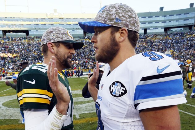 Green Bay Packers' Aaron Rodgers talks to Detroit Lions' Matthew Stafford after an NFL football game Sunday, Nov. 15, 2015, in Green Bay, Wis. The Lions won 18-16. (AP Photo/Mike Roemer) Green Bay Packers' Aaron Rodgers talks to Detroit Lions' Matthew Stafford after an NFL football game Sunday, Nov. 15, 2015, in Green Bay, Wis. The Lions won 18-16. (AP Photo/Mike Roemer)