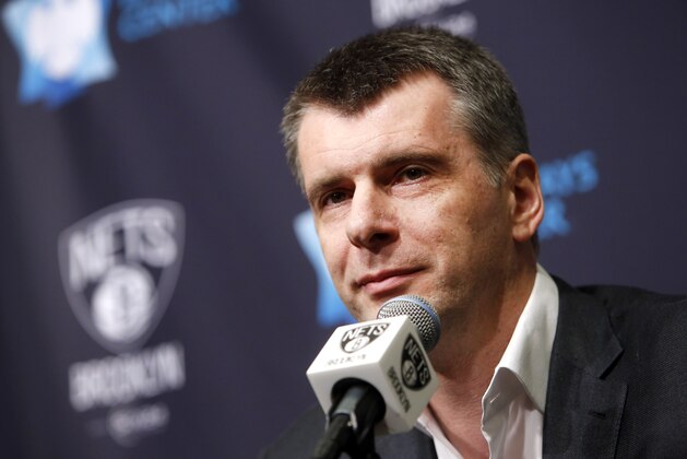 Brooklyn Nets owner Mikhail Prokhorov, of Russia, holds a news conference before an NBA basketball game between the Atlanta Hawks and the Brooklyn Nets Wednesday, April 8, 2015, in New York. (AP Photo/Jason DeCrow)