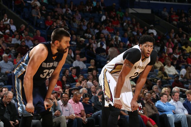 NEW ORLEANS, LA - DECEMBER 1:  Marc Gasol #33 of the Memphis Grizzlies and Anthony Davis #23 of the New Orleans Pelicans looks on during the game on December 1, 2015 at the Smoothie King Center in New Orleans, Louisiana. NOTE TO USER: User expressly acknowledges and agrees that, by downloading and or using this Photograph, user is consenting to the terms and conditions of the Getty Images License Agreement. Mandatory Copyright Notice: Copyright 2015 NBAE (Photo by Layne Murdoch Jr./NBAE via Getty Images)
