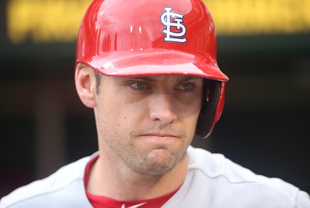 Jul 9, 2015; Pittsburgh, PA, USA; St. Louis Cardinals center fielder Peter Bourjos (8) watches Pittsburgh Pirates starting pitcher Jeff Locke (not pictured) warm-up prior to batting during the first inning at PNC Park. Mandatory Credit: Charles LeClaire-USA TODAY Sports