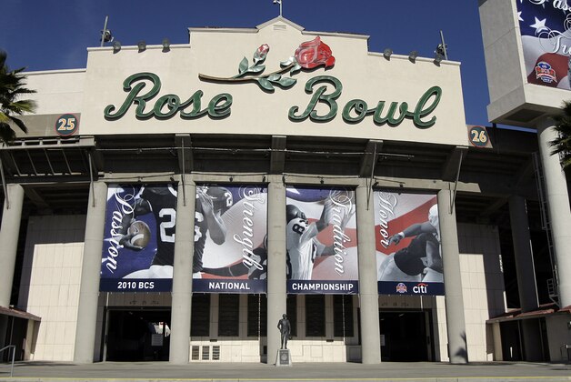 File - This Jan. 6, 2010 file photo shows an exterior view of the Rose Bowl Stadium in Pasadena, Calif. The Pasadena City Council on Monday, Oct. 11, 2010, approved a $152-million renovation plan for the 88-year-old stadium. (AP Photo/Jae C. Hong, File)