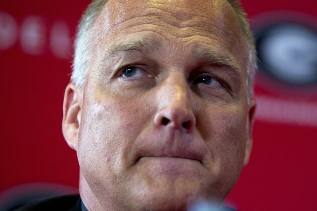 Georgia head football coach Mark Richt listens to a report's question during a news conference to discuss his departure from Georgia Monday, Nov. 30, 2015, in Athens, Ga. University of Georgia Athletic Director McGarity said in a statement released by the school the two