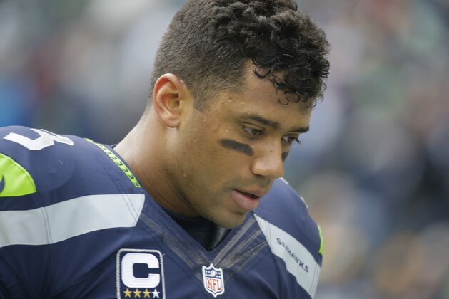Seattle Seahawks quarterback Russell Wilson before an NFL football game against the Pittsburgh Steelers, Sunday, Nov. 29, 2015, in Seattle. (AP Photo/Ted S. Warren)