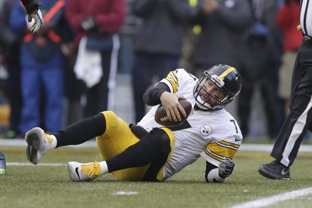 Pittsburgh Steelers quarterback Ben Roethlisberger lies on the turf after going down on a play in the second half of an NFL football game against the Seattle Seahawks, Sunday, Nov. 29, 2015, in Seattle. (AP Photo/John Froschauer)