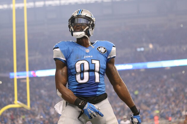 DETROIT MI - NOVEMBER 26: Wide receiver Calvin Johnson #81 of the Detroit Lions celebrates a third quarter touchdown against the Philadelphia Eagles on November 26, 2015 at Ford Field in Detroit, Michigan.
(Photo by Leon Halip/Getty Images)