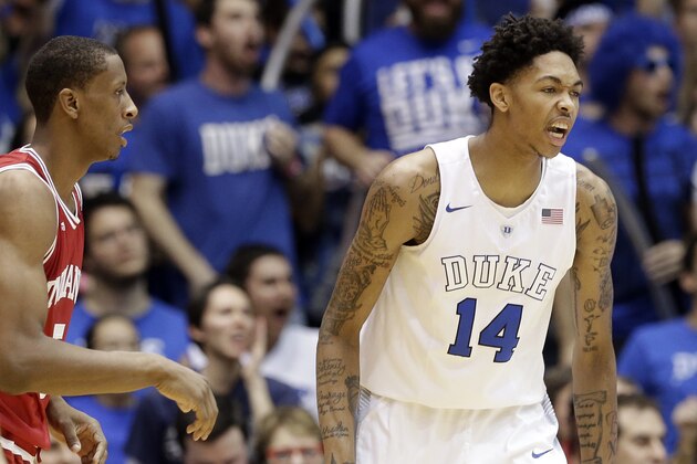 Duke's Brandon Ingram (14) reacts following a basket as Indiana's Troy Williams looks on at left during the first half of an NCAA college basketball game in Durham, N.C., Wednesday, Dec. 2, 2015. (AP Photo/Gerry Broome)