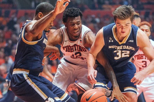 Illinois forward Leron Black (12) center, fights for the ball between Notre Dame guard Demetrius Jackson (11) and Notre Dame guard Steve Vasturia (32) in the first half of an NCAA College basketball game at the State Farm Center in Champaign, Ill., on Wednesday Dec. 2, 2015. (AP Photo/Rick Danzl) Illinois forward Leron Black (12) center, fights for the ball between Notre Dame guard Demetrius Jackson (11) and Notre Dame guard Steve Vasturia (32) in the first half of an NCAA College basketball game at the State Farm Center in Champaign, Ill., on Wednesday Dec. 2, 2015. (AP Photo/Rick Danzl)