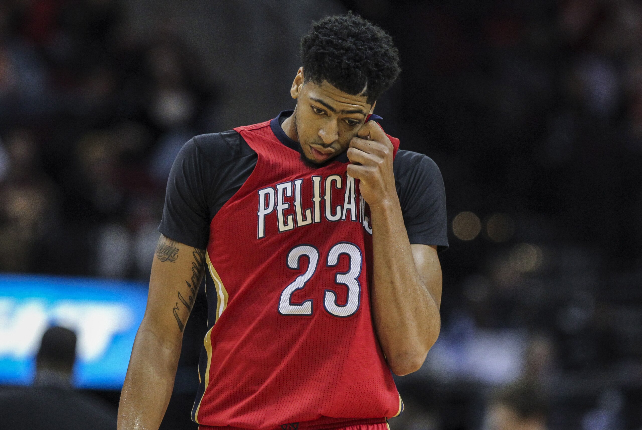 Dec 2, 2015; Houston, TX, USA; New Orleans Pelicans forward Anthony Davis (23) walks onto the court after a timeout during the fourth quarter against the Houston Rockets at Toyota Center. The Rockets defeated the Pelicans 108-101. Mandatory Credit: Troy Taormina-USA TODAY Sports