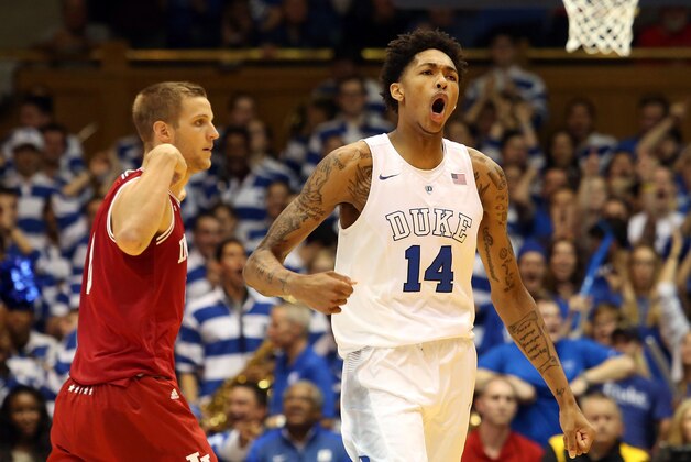 Dec 2, 2015; Durham, NC, USA; Duke Blue Devils guard Brandon Ingram (14) reacts after scoring against the Indiana Hoosiers in their game at Cameron Indoor Stadium. Mandatory Credit: Mark Dolejs-USA TODAY Sports Dec 2, 2015; Durham, NC, USA; Duke Blue Devils guard Brandon Ingram (14) reacts after scoring against the Indiana Hoosiers in their game at Cameron Indoor Stadium. Mandatory Credit: Mark Dolejs-USA TODAY Sports