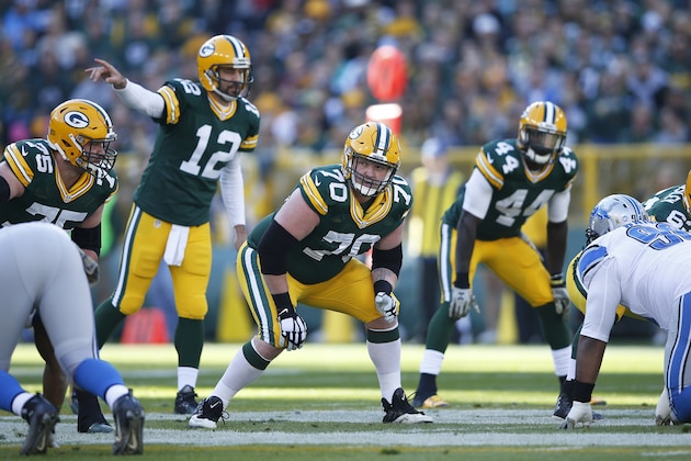 GREEN BAY, WI - NOVEMBER 15: T.J. Lang #70 of the Green Bay Packers in action against the Detroit Lions during a game at Lambeau Field on November 15, 2015 in Green Bay, Wisconsin. The Lions defeated the Packers 18-16. (Photo by Joe Robbins/Getty Images)