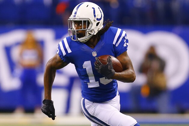 Indianapolis Colts wide receiver T.Y. Hilton (13) runs with the ball after a catch against the Tampa Bay Buccaneers during an NFL football game in Indianapolis, Sunday, Nov. 29, 2015.  (Jeff Haynes/AP Images for Panini)