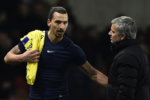 Paris Saint-Germain's Swedish midfielder Zlatan Ibrahimovic speaks with Chelsea's Portuguese manager Jose Mourinho (R) at the end of the UEFA Champions League round of 16 football match between Paris Saint-Germain (PSG) and Chelsea at the Parc des Princes stadium in Paris on February 17, 2015. AFP PHOTO / FRANCK FIFE        (Photo credit should read FRANCK FIFE/AFP/Getty Images)