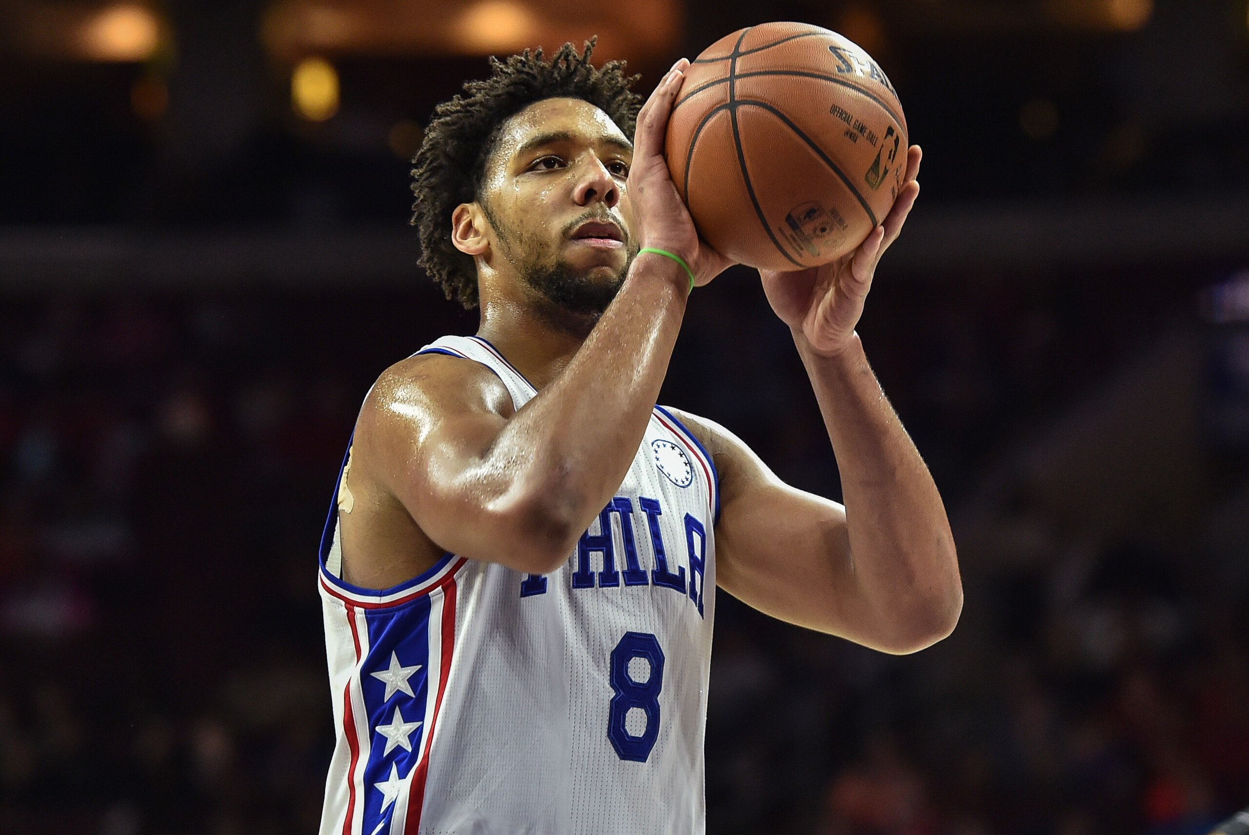 Nov 7, 2015; Philadelphia, PA, USA; Philadelphia 76ers center Jahlil Okafor (8) shoots the ball during the third quarter against the Orlando Magic at the Wells Fargo Center. The Magic won 105-97. Mandatory Credit: John Geliebter-USA TODAY Sports Nov 7, 2015; Philadelphia, PA, USA; Philadelphia 76ers center Jahlil Okafor (8) shoots the ball during the third quarter against the Orlando Magic at the Wells Fargo Center. The Magic won 105-97. Mandatory Credit: John Geliebter-USA TODAY Sports
