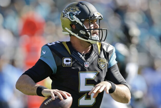 Jacksonville Jaguars quarterback Blake Bortles looks for a receiver against the San Diego Chargers during the first half of an NFL football game in Jacksonville, Fla., Sunday, Nov. 29, 2015.(AP Photo/John Raoux)