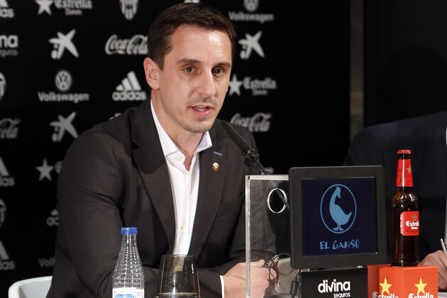 Former Manchester United and England defender Gary Neville speaks during a press conference in Valencia, Spain, Thursday, Dec. 3, 2015.  Neville has been appointed as coach of Spanish league club Valencia for the rest of this season after Nuno Espirito Santo left by mutual agreement. Valencia is owned by Peter Lim, who holds a stake in English non-league team Salford City alongside the Nevilles and other former Manchester United players. (AP Photo/Alberto Saiz)