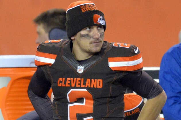 Cleveland Browns quarterback Johnny Manziel watches from the sidelines in the second half of an NFL football game against the Baltimore Ravens, Monday, Nov. 30, 2015, in Cleveland. (AP Photo/David Richard)