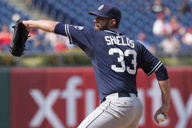 San Diego Padres starting pitcher James Shields in action during the fourth inning of a baseball game against the Philadelphia Phillies, Sunday, Aug. 30, 2015, in Philadelphia. The Padres won 9-4. (AP Photo/Chris Szagola)