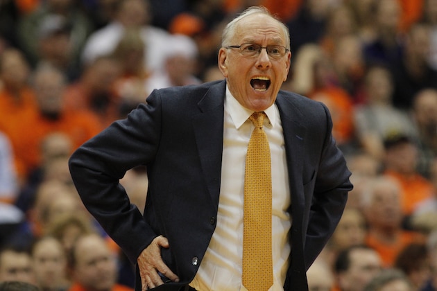 Syracuse head coach Jim Boeheim yells to his players in the first half of an NCAA college basketball game against Wisconsin in Syracuse, N.Y., Wednesday, Dec. 2, 2015. (AP Photo/Nick Lisi)