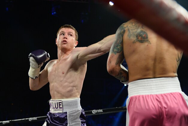 Nov 21, 2015; Las Vegas, NV, USA;  Canelo Alvarez (purple trunks) and Miguel Cotto (pink trunks) box during their WBC & Ring Magazine middleweight boxing title fight at Mandalay Bay Events Center. Alvarez won via unanimous decision. Mandatory Credit: Joe Camporeale-USA TODAY Sports