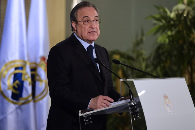 Real Madrid's president Florentino Perez speaks during a press conference at the Santiago Bernabeu stadium in Madrid on December 3, 2015, a day after the team fielded a suspended player during a match against Cadiz. Real Madrid edged closer to the Spanish Cup exit door today after third divison Cadiz appealed their midweek cup defeat because the capital giants had inadvertently fielded Russian international Denis Cheryshev, a move that last season saw second division Osasuna booted out of the cup in an almost identical case.   AFP PHOTO/ PIERRE-PHILIPPE MARCOU / AFP / PIERRE-PHILIPPE MARCOU        (Photo credit should read PIERRE-PHILIPPE MARCOU/AFP/Getty Images)