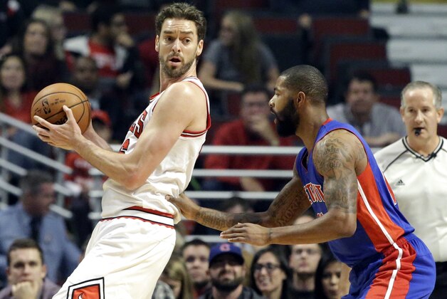 Chicago Bulls forward/center Pau Gasol, left, looks to a pass as Detroit Pistons forward Marcus Morris guards during the first half of an NBA preseason basketball game on Wednesday, Oct. 14, 2015, in Chicago. (AP Photo/Nam Y. Huh)