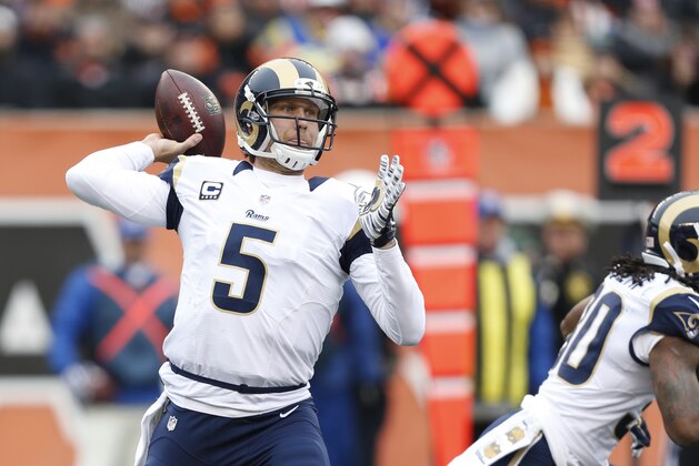 St. Louis Rams quarterback Nick Foles throws in the second half of an NFL football game against the Cincinnati Bengals, Sunday, Nov. 29, 2015, in Cincinnati. The Bengals won 31-7. (AP Photo/Frank Victores)